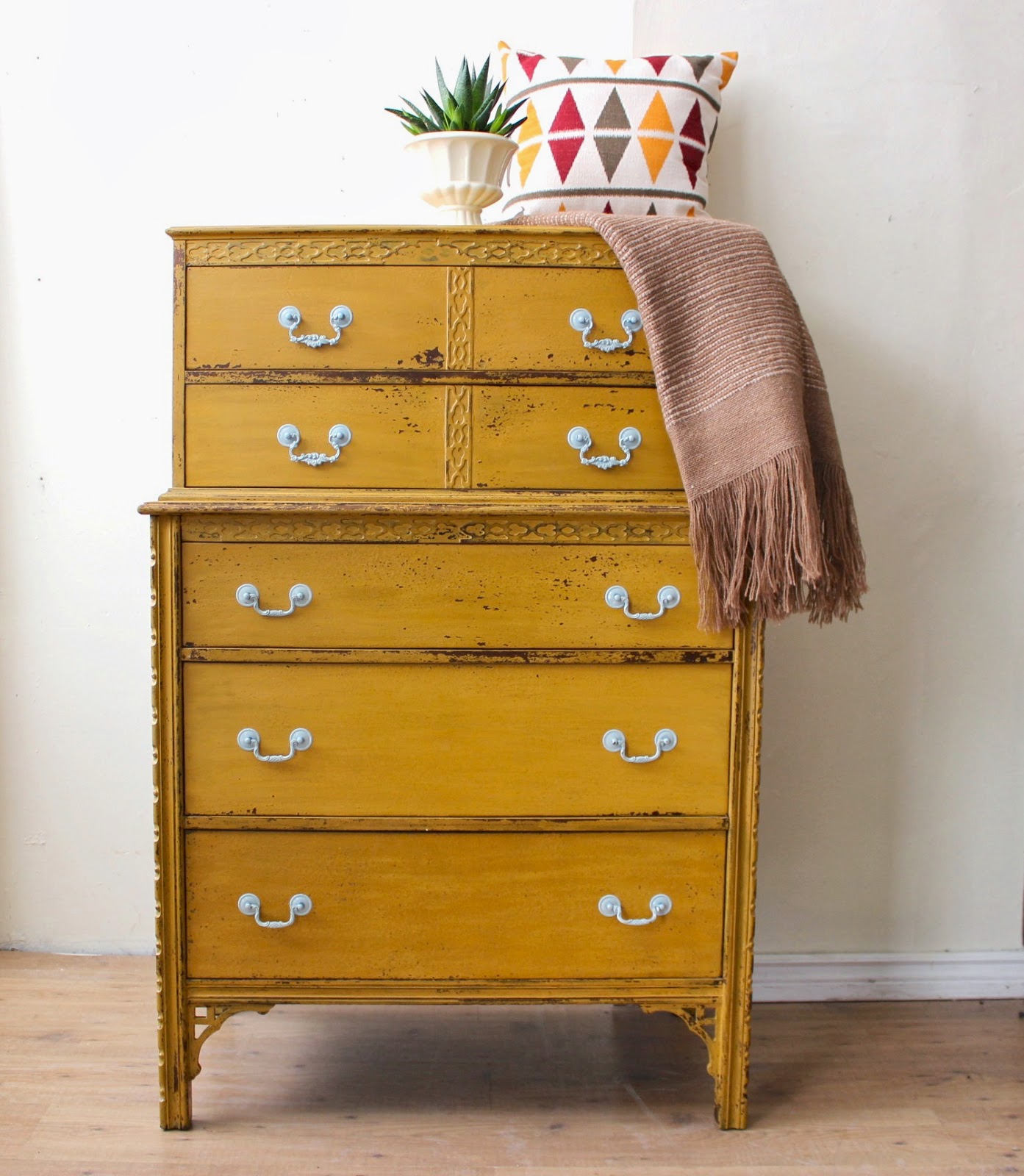 Poppyseed Creative Living Mustard Yellow Tall Boy Dresser Milk