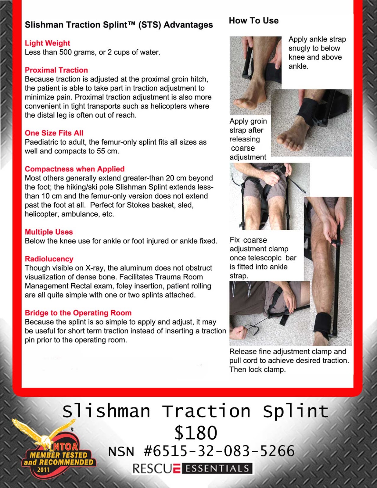 EMS SOLUTIONS INTERNATIONAL marca registrada Slishman Traction Splint tm by RESCUE ESSENTIALS