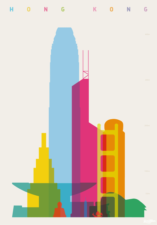 yoni alter ilustração cidades minimalistas ponto turísticos cores silhuetas prédios hong kong
