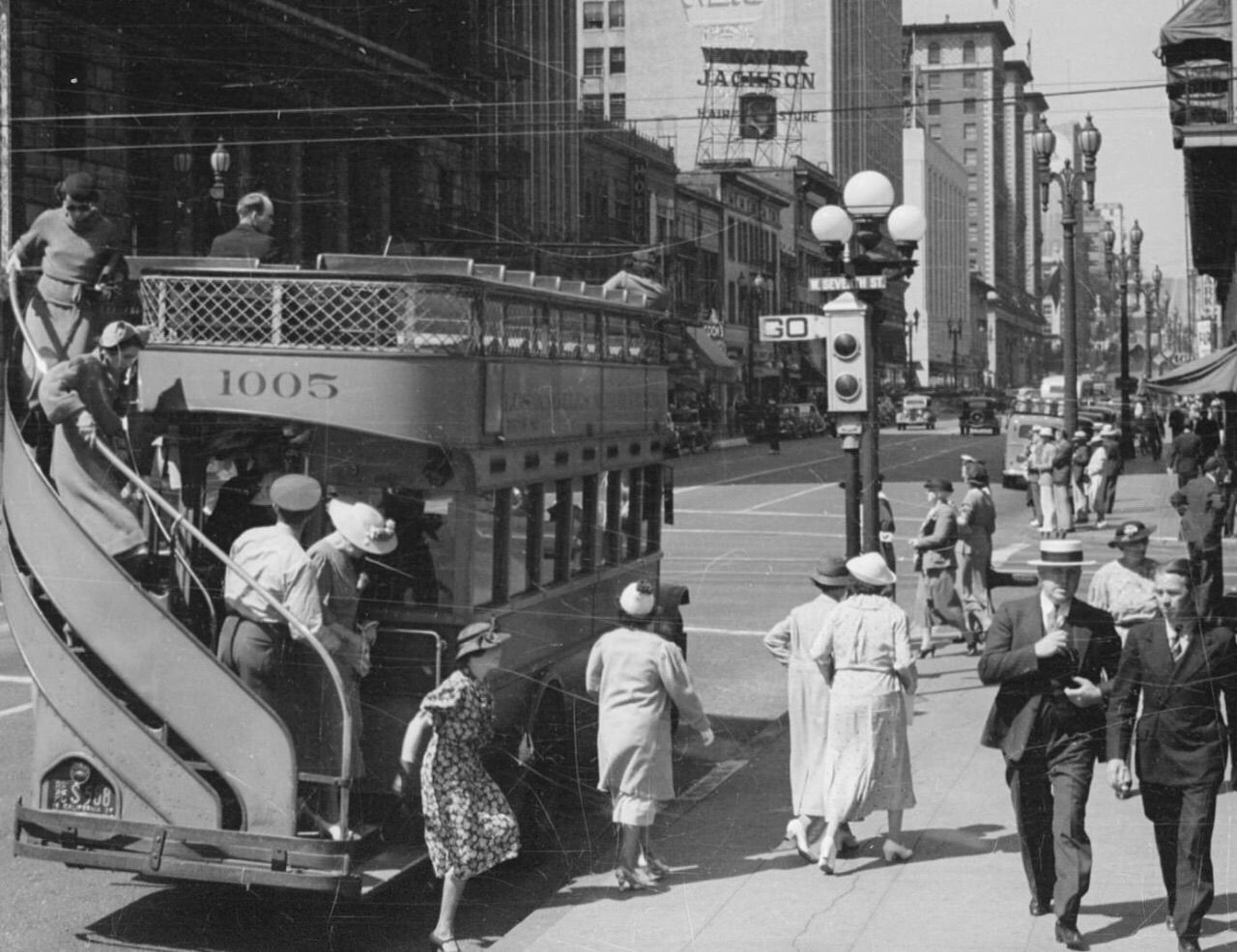 Getting off the bus in downtown L.A., 1937 ~