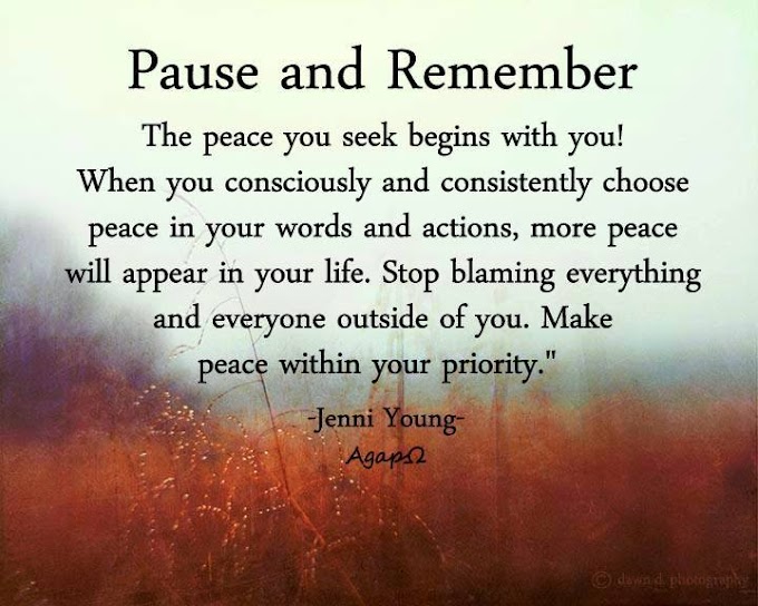 Pause and remember— The peace you seek begins with you! When you consciously and consistently choose peace in your words and actions, more peace will appear in your life. Stop blaming everything and everyone outside of you. Make peace within your priority.