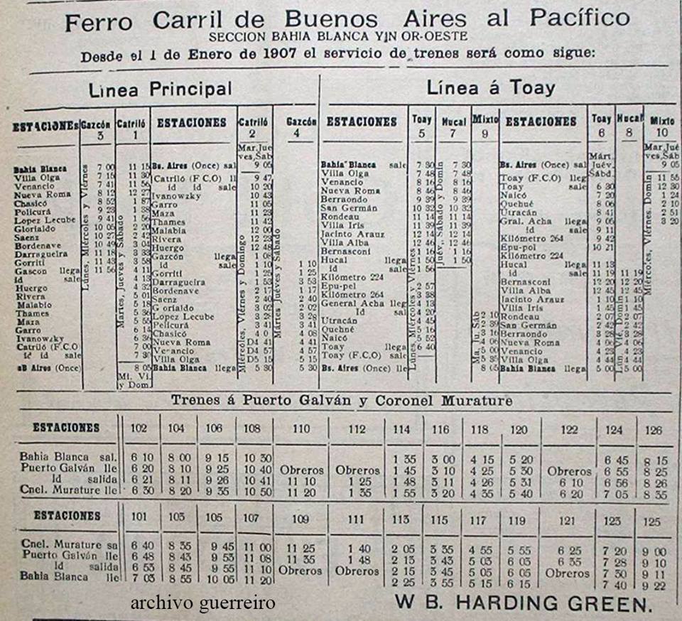 1907 - FFCC BUENOS AIRES AL PACÍFICO -Sección Bahía Blanca y Noroeste)