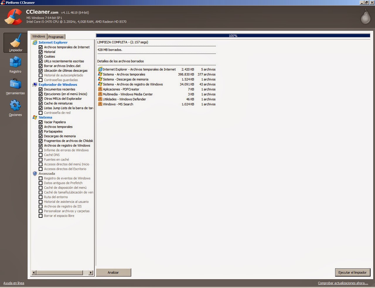 Ejecutar limpiador CCleaner Ejecutar limpiador CCleaner