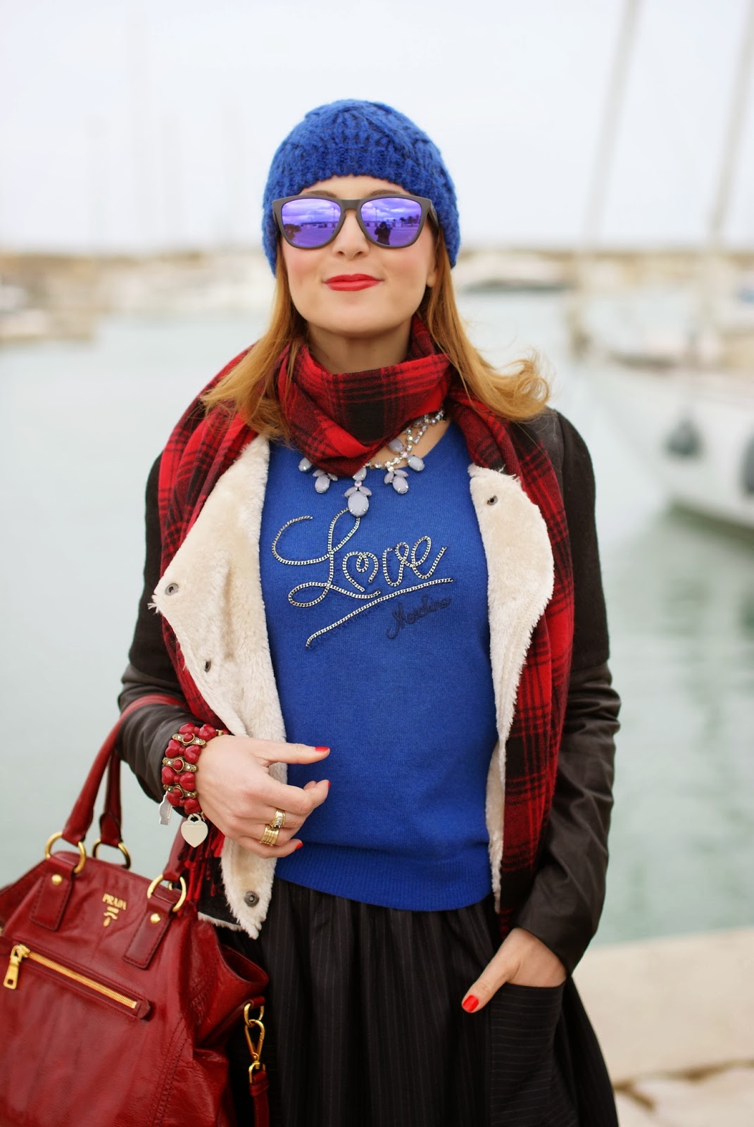 cobalt blue beanie, eco shearling, red Prada tote, Asos midi skirt, Fashion and Cookies, fashion blogger