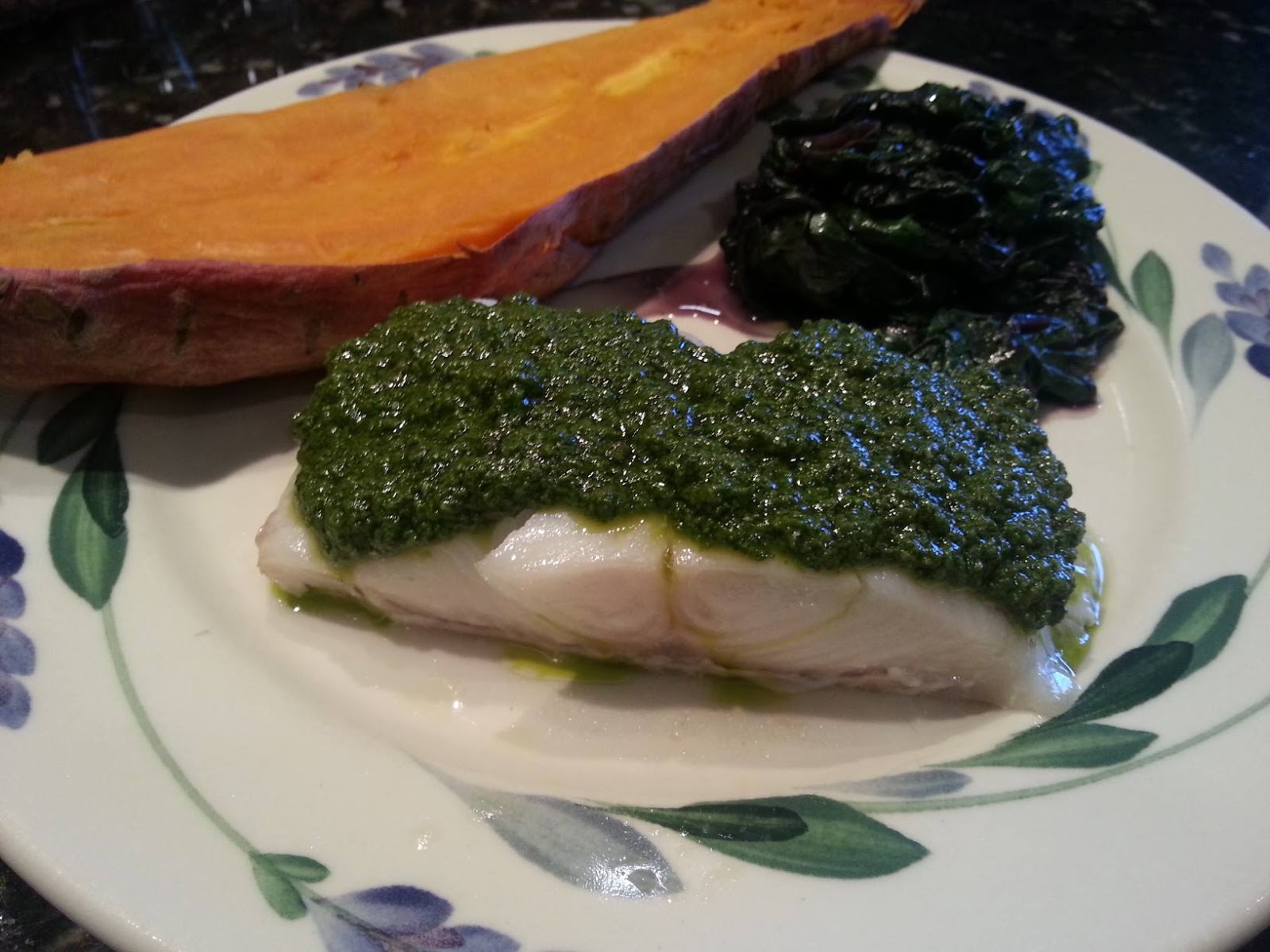 Sue's Kitchen Digest Baked Black Cod with Dairy Free Basil Pesto