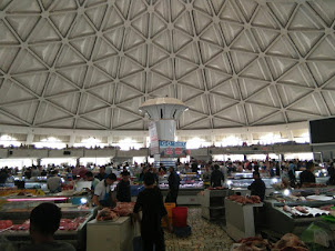 Internal view of the large main Blue domed circular market of "Chorsu Bazaar".