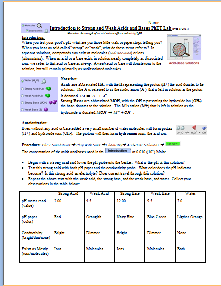 Solutions Acids And Bases Worksheet