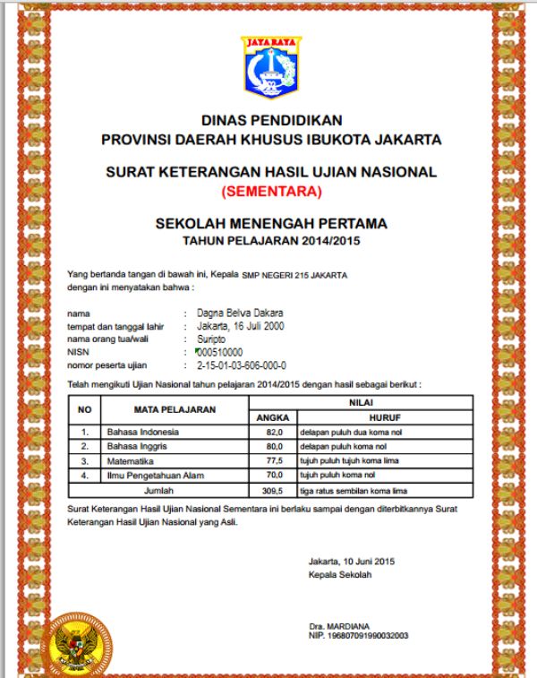 SKHUN SEMENTARA SISWA TAHUN PELAJARAN 2014/2015 MTs