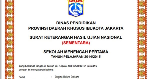 SKHUN SEMENTARA SISWA TAHUN PELAJARAN 2014/2015 MTs