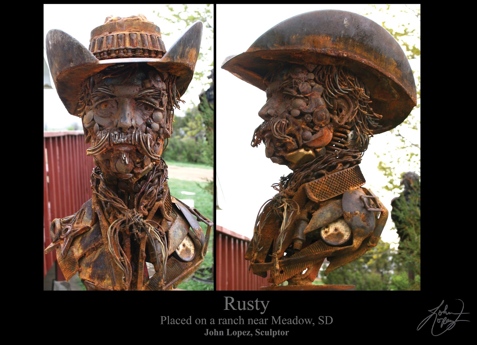 Man's Face in Hat Rusty Tin Sculpture