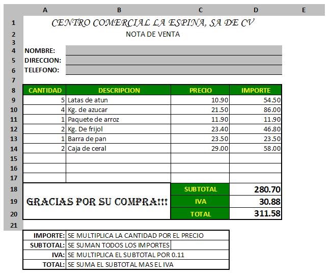 Practicando Excel Nota de Venta...