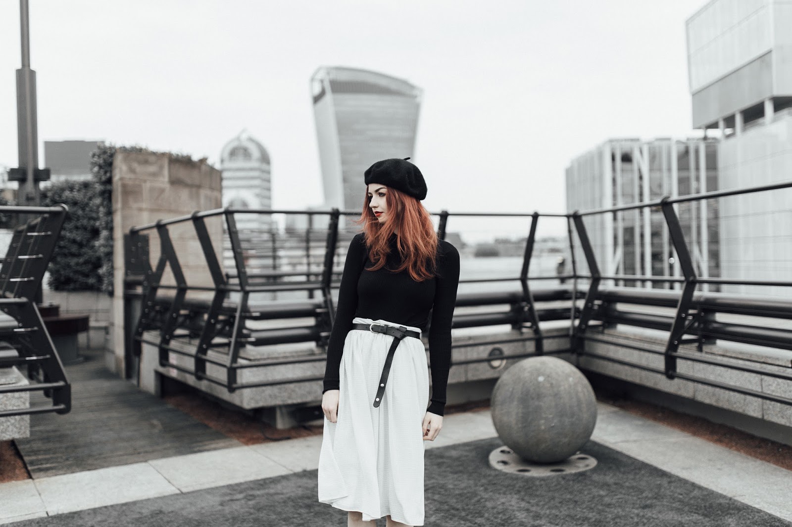 black beret white midi skirt