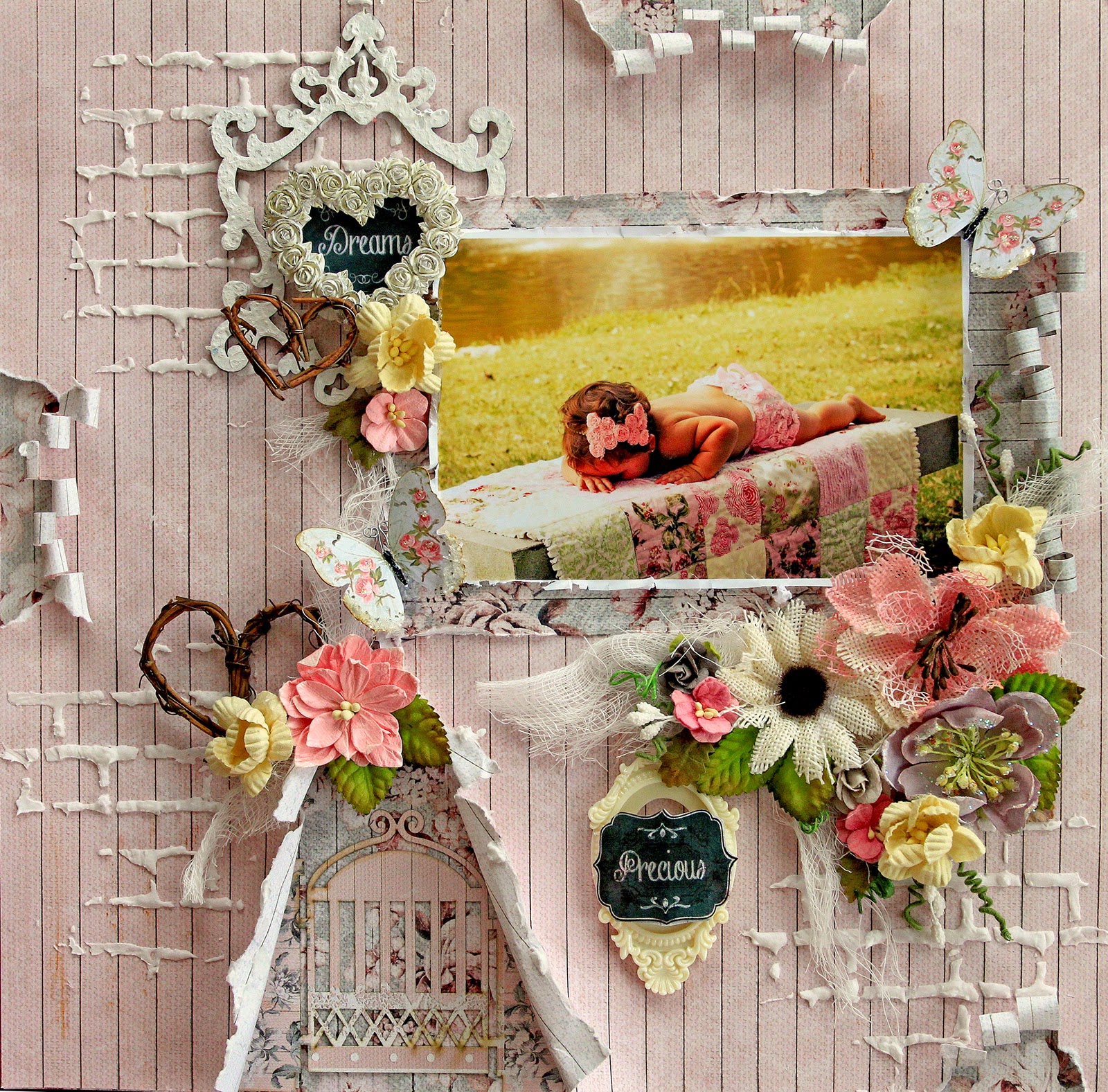 Scraps Of Elegance scrapbook kits - Renea's Charm Kit - gorgeous Shabby Chic baby layout by Renea Harrison