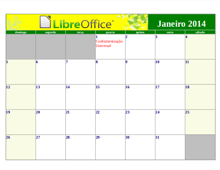 Calendário LibreOffice 2014, com Feriados Nacionais