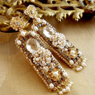 Gold Wedding Chandelier Earrings with Lace, Pearls
