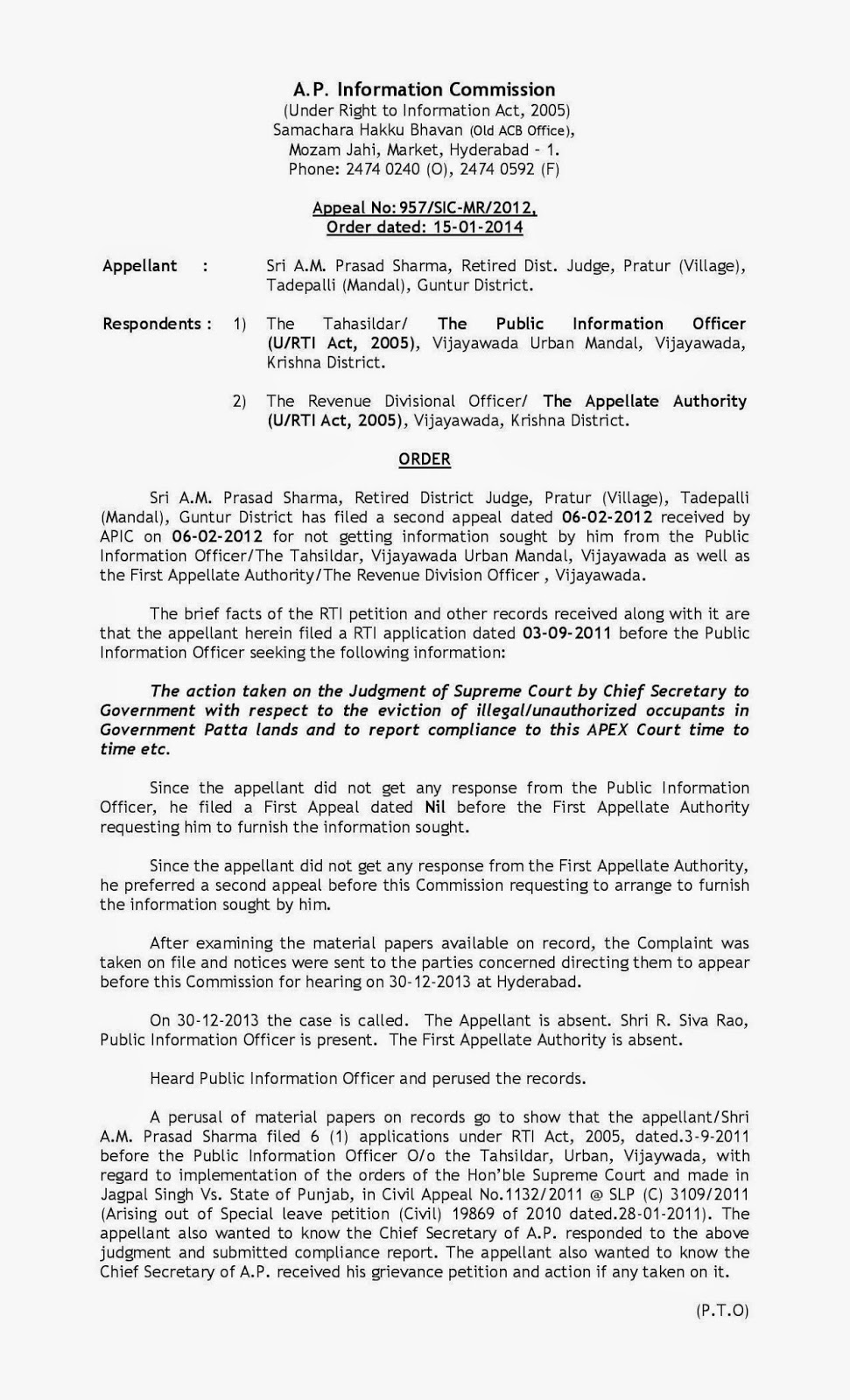 Claim for Commons A.P. State Information Commission Order in Appeal No