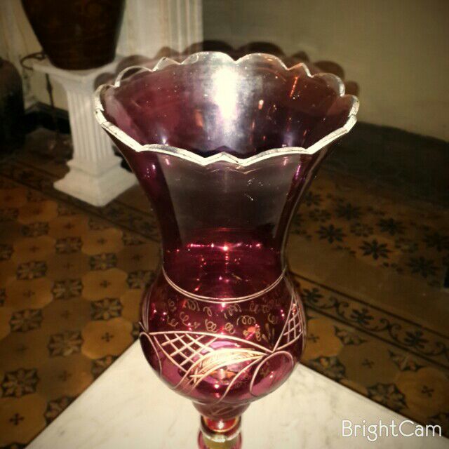 Cranberry Cut Glass Hurricane Lamp - Bohemian 1890s.