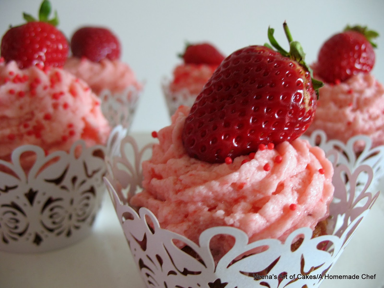 A Homemade Chef Strawberry Cupcakes with Strawberry Jam Centers and