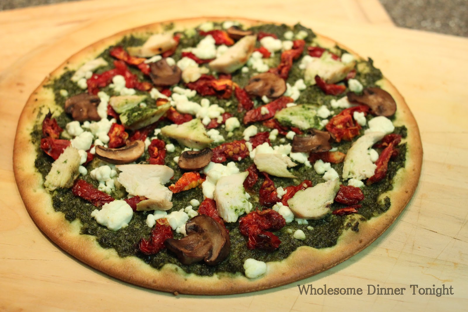 Wholesome Dinner Tonight Chicken Pesto Pizza with Sun Dried Tomatoes