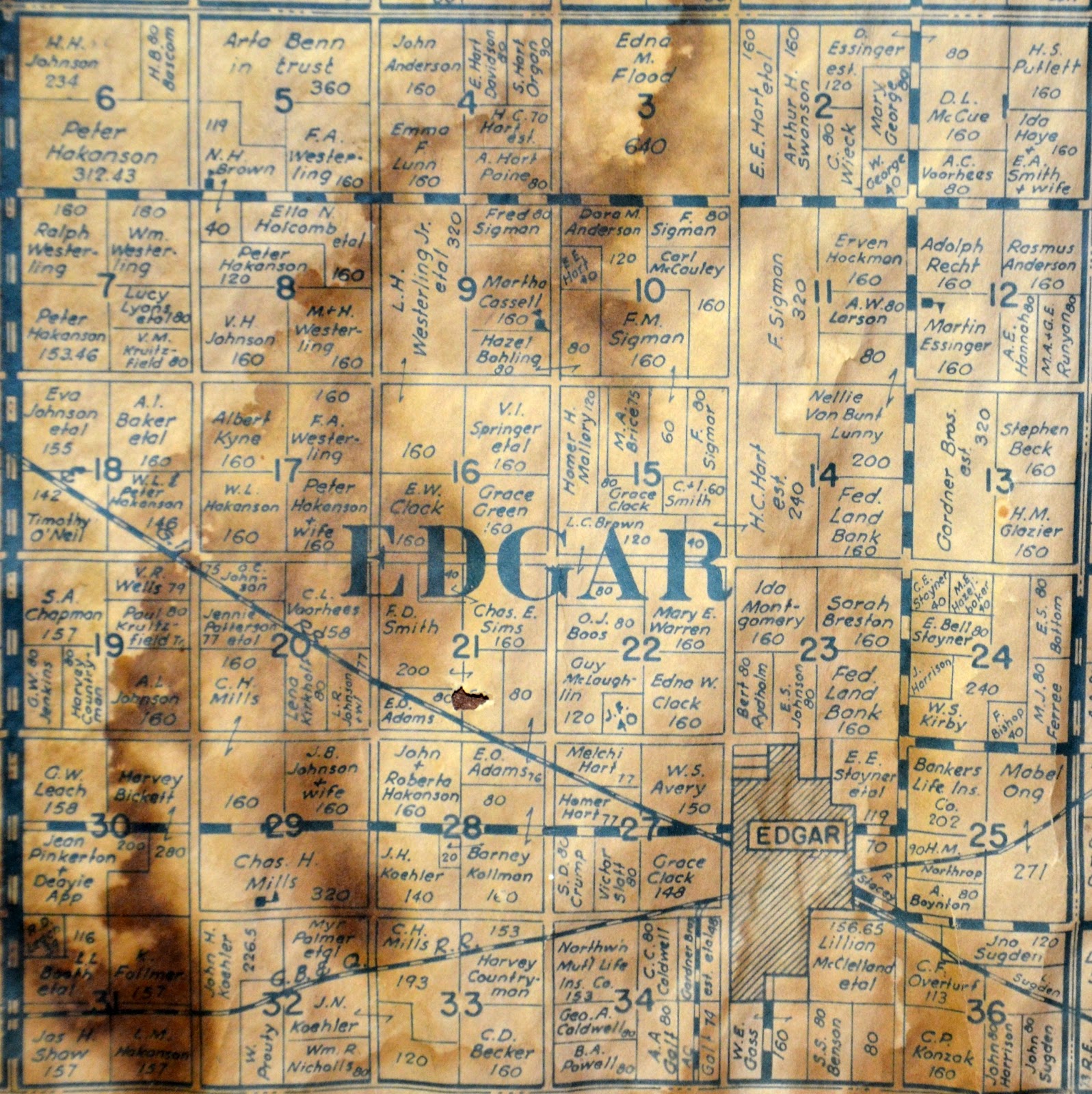 Sutton Nebraska Museum 1937 Plat Map of Edgar Township, Clay County