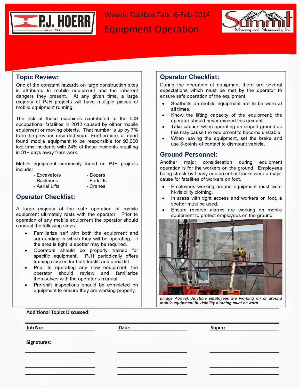 P.J. Hoerr, Inc. P.J. Hoerr & Summit Masonry Weekly Toolbox Talk