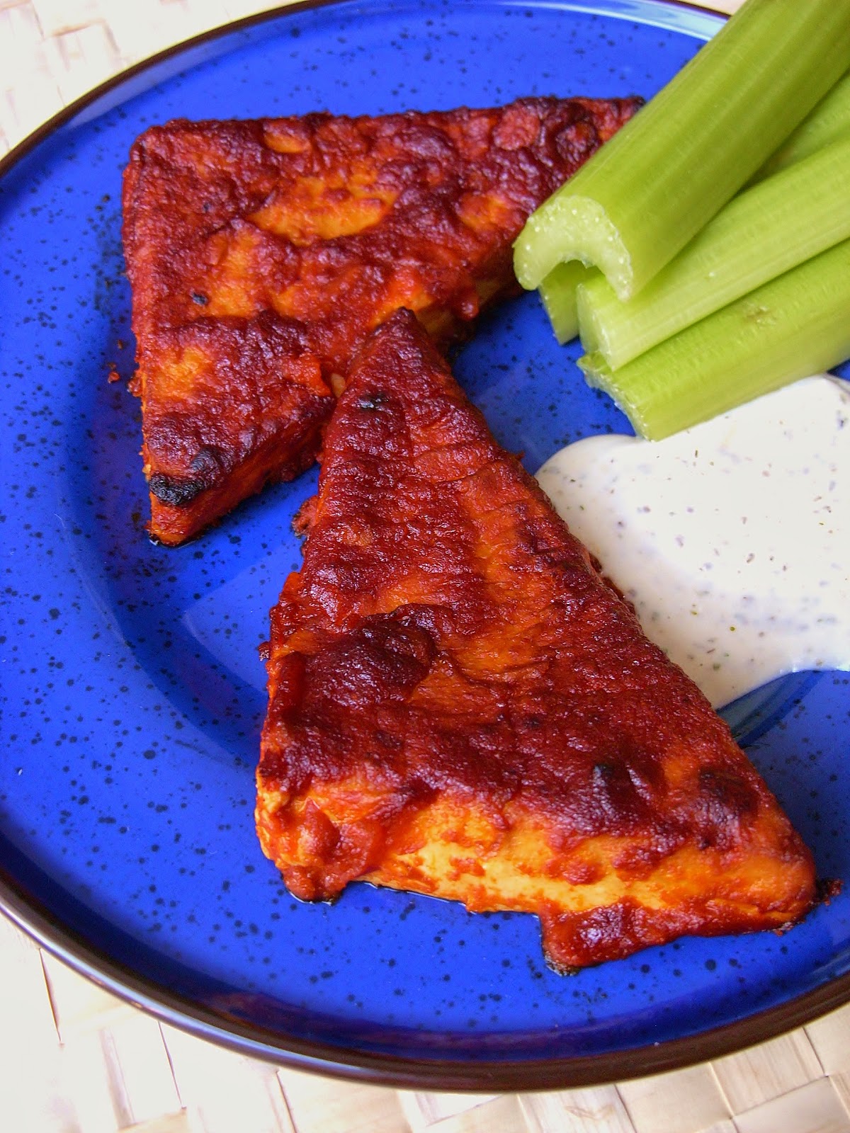 Meet The Shannons Baked Buffalo Tofu Steaks with Ranch Dressing Dip