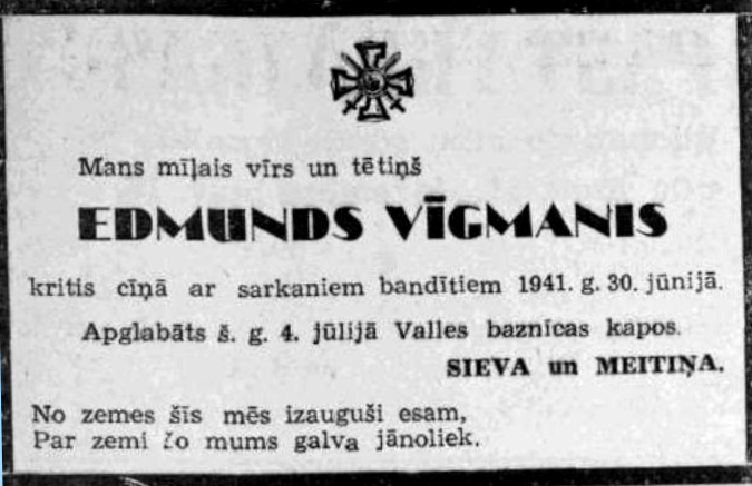 Interesanta ziņa par E. Vīgmani, kurš kritis cīņā ar sarkanajiem bandītiem, apglabāts Valles kapos