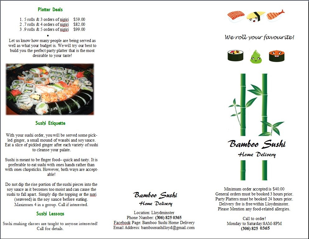 Bamboo Sushi Lloydminster Current Ordering Menu