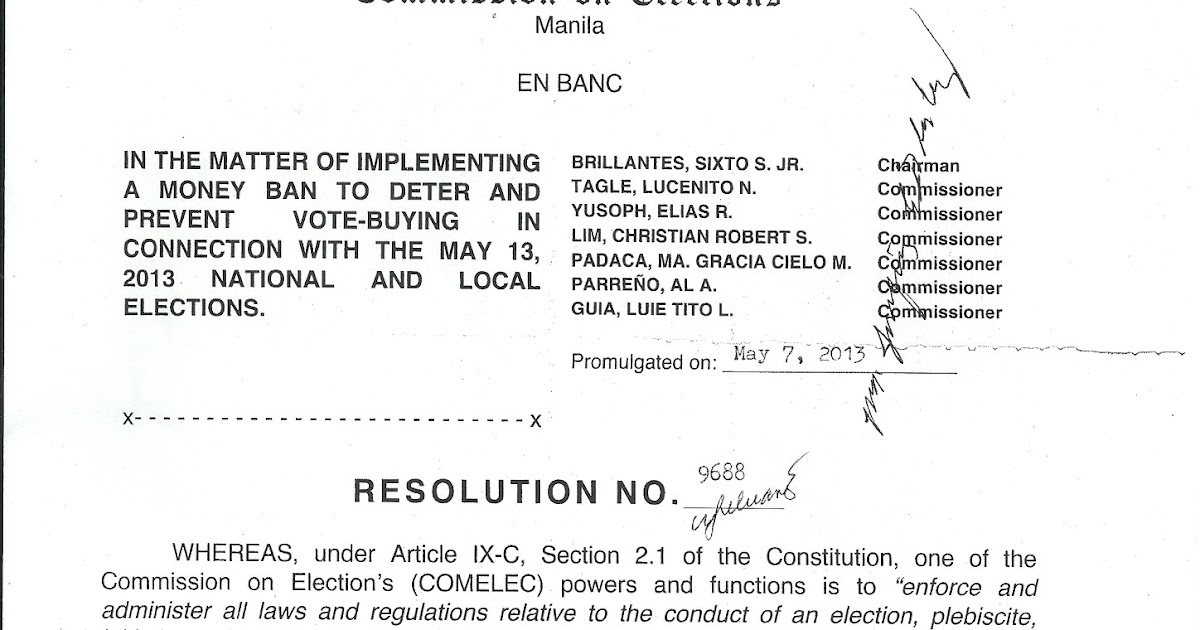Legal Forms and Reviews of Philippine Law Comelec Resolution No. 9688