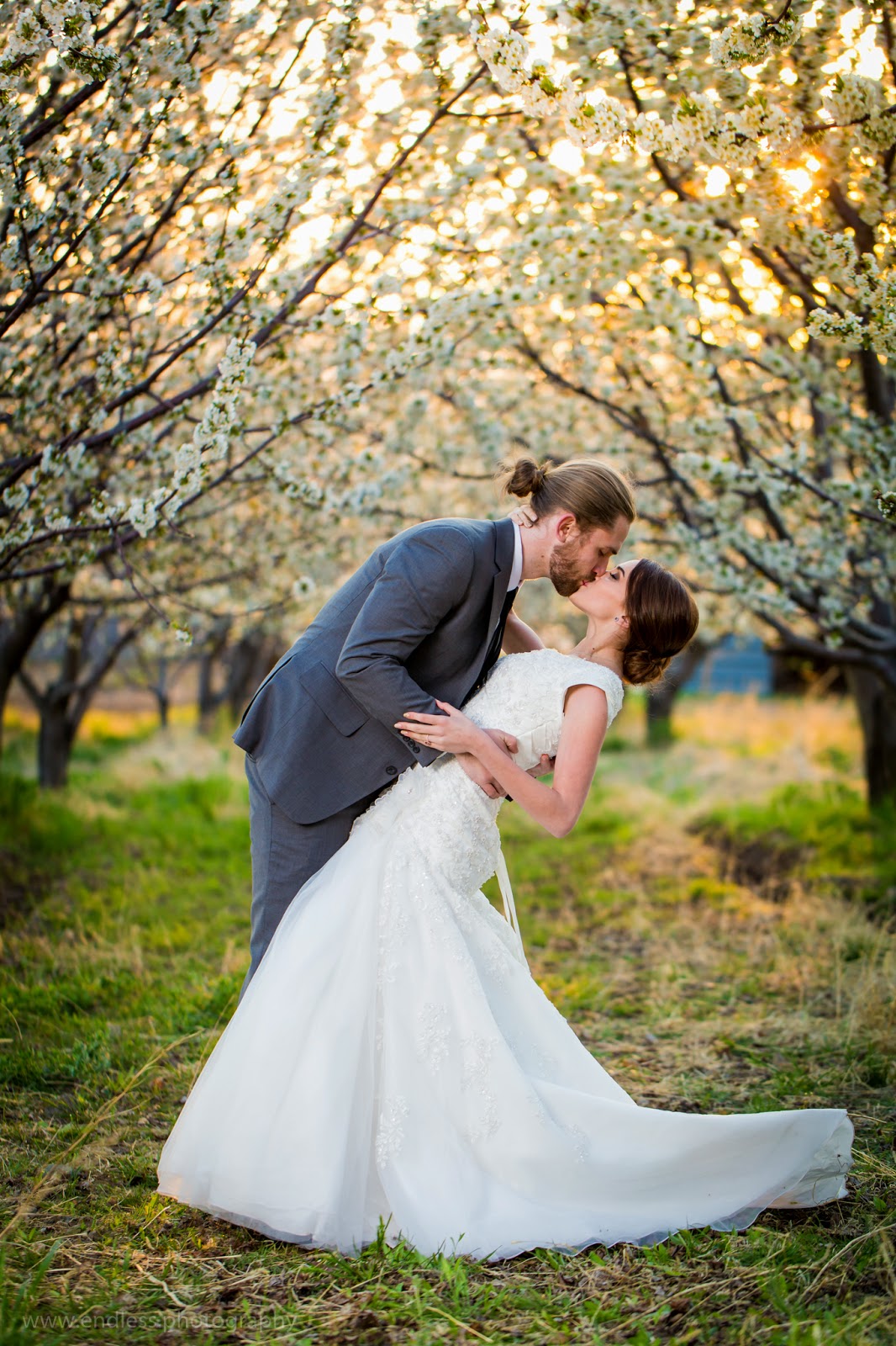 Logan Utah Photographers, Wedding Photography, Weddings, Bridals, Spring, Orchard, Blossoms, Couple, Wedding Dress, Logan Utah, Endless Photography