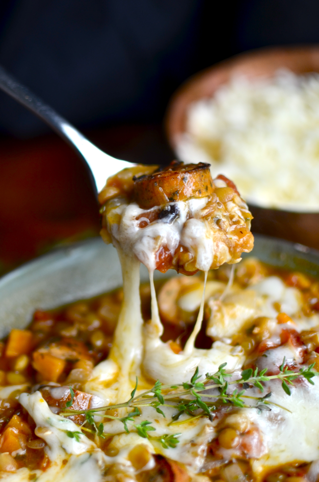 Yammie's Noshery Lentil Stew with Roasted Garlic Chicken Sausage