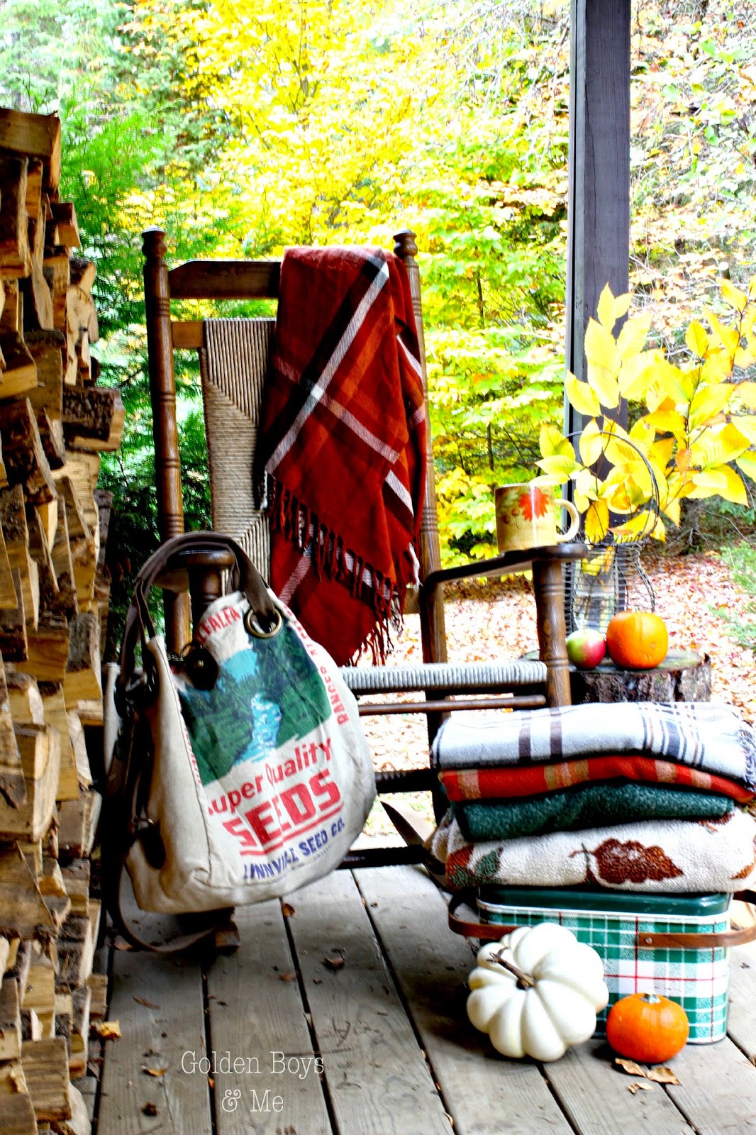 Fall porch decor ideas with rocking chair and tree stump side table-www.goldenboysandme.com