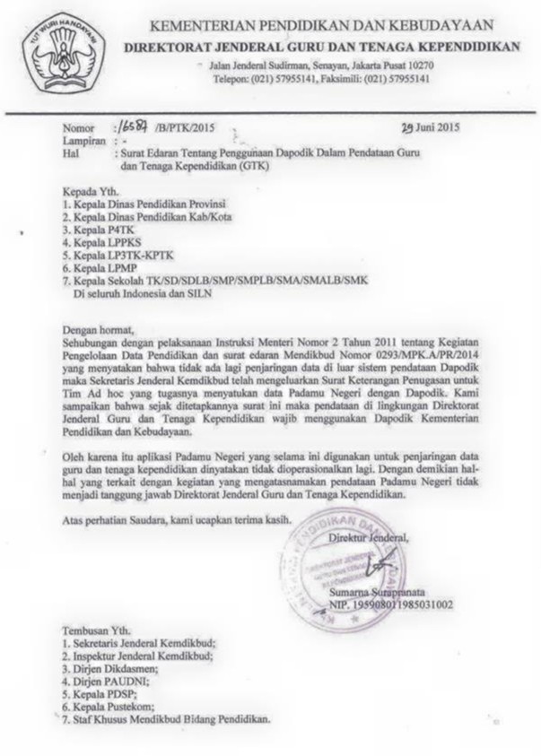 Surat Edaran Dirjen Gtk Tentang Penggunaan Dapodik Dalam