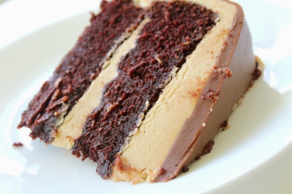 chocolate fudge cake with peanut butter frosting and chocolate gananche