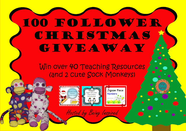 Being Inspired's 100 Followers Giveaway! Prizes include over 40 amazing teaching resources and 2 cute sock monkeys!!
