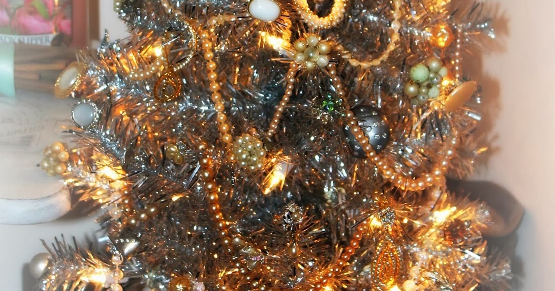 American Honey Home Tinsel Tree Dressed in Vintage Jewlery
