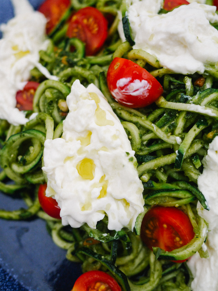 Pesto Coodles (Courgette Noodles) with Burrata and Cherry Toms The