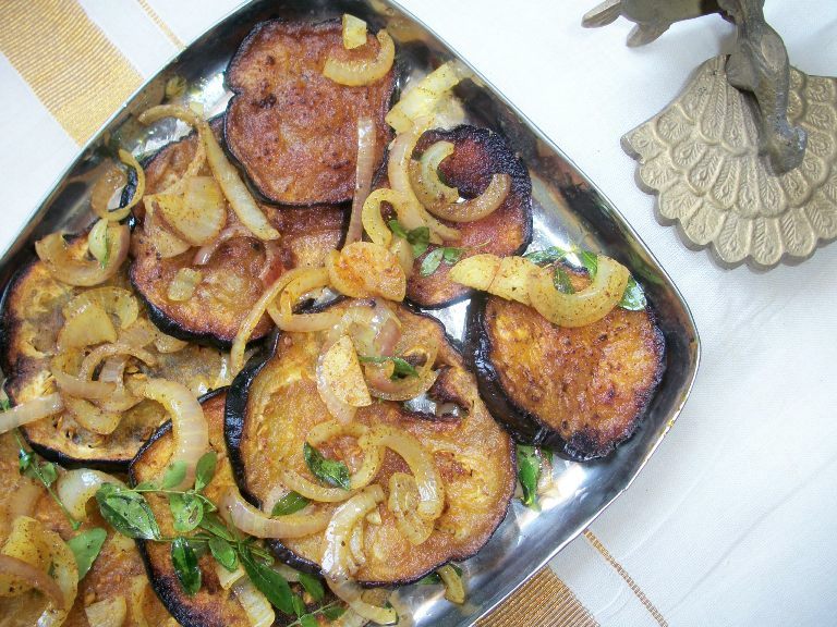 Brinjal Fry / Fried Eggplant with Onions and Curry leaves Yummy Tummy
