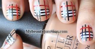 Burberry nail art: Striping tape manicure tutorial for beginners