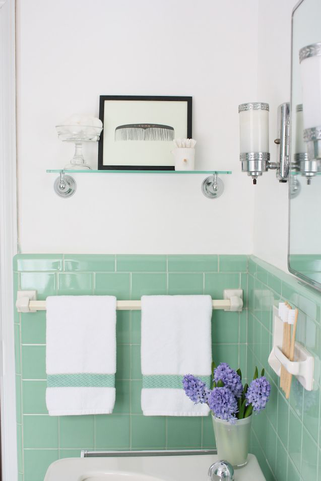 Vintage jadeite tile bathroom via Meet Me in Philadelphia