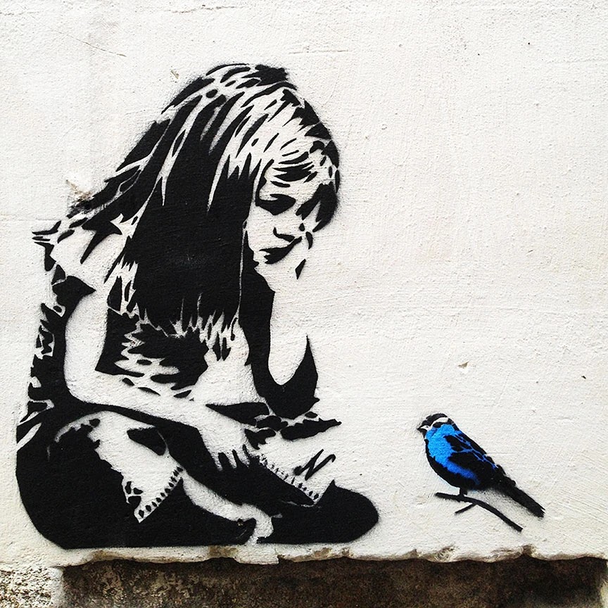Banksy Girl with Blue Bird, Graffiti Street Art