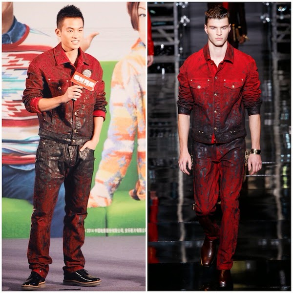 Oho Ou Hao wears Versace Fall Winter 2014 menswear red oiled denim jacket and jeans - Temporary Family Press Conference Hong Kong 17th August 2014