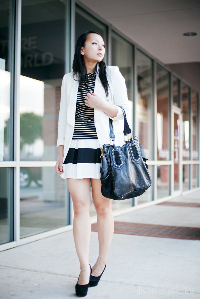 lulus contrast striped skirt, zara basic striped tee shirt, forever 21 white basic blazer, austin fashion blog, texas style blog, diya liu, monochromatic fashion, summer 2012