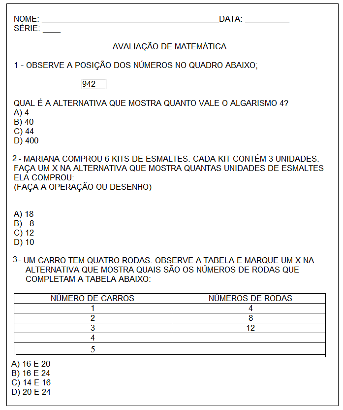 Avaliação de Matemática 3º ano