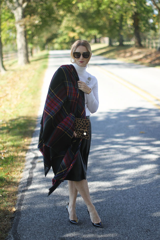 blanket scarf, leather skirt, clare v clutch, vintage brooches
