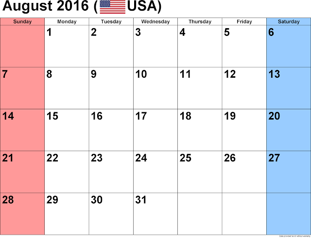 August 2016 Calendar with US Holidays Free, August 2016 Printable Calendar Cute Word Excel PDF Template Download Monthly, August 2016 Blank Calendar Weekly
