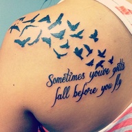 FLYING BIRDS AND QUOTE TATTOO ON UPPER BACK BODY
