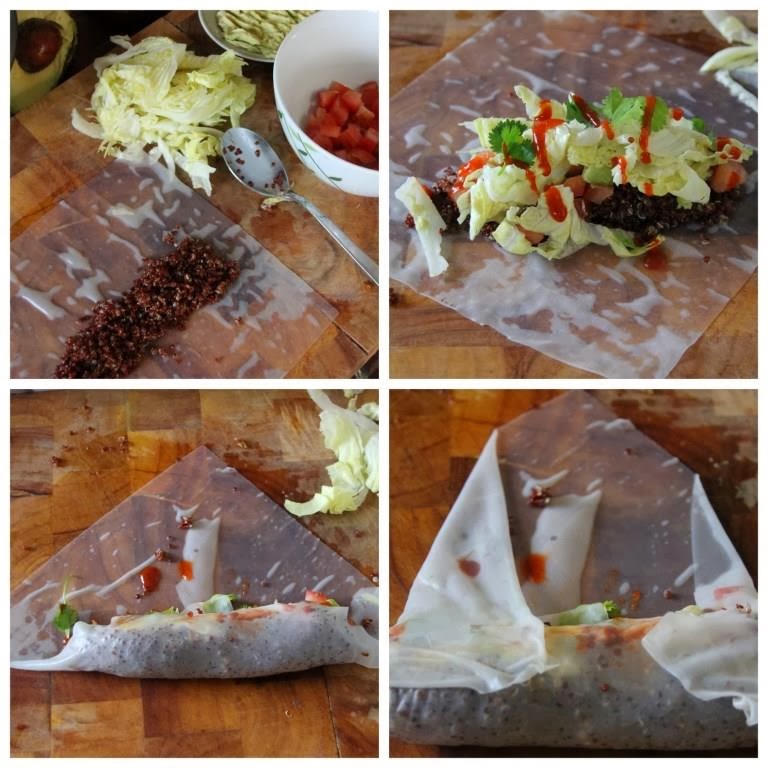 Red Quinoa, Tomato and Avocado Salad Vietnamese Rolls with Sriracha sauce