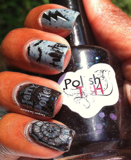 lacquer lockdown - PolishTBH, Diagon Alley Collection, PolishTBH Thestral, PolishTBH Dark & Difficult Times, nail art, Halloween nails, Halloween nail art, stamping, Apipila, Apipila P.10, spiderwebs, holographic polish, lightening bolts, cute nails, easy nail art, indie polish, Nailways stamping plates, Nailways Darker Period Halloween, Nailways Darker Period plates, new stamping plates 2013, Halloween 2013, Konad, Charming Nails Plate,  