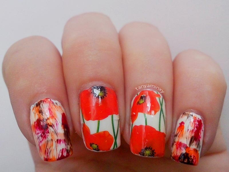BPS Red Flowers Water Decals + Distressed Nails Nail Art Nail Design